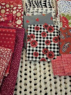 Reds, Blenders, & Prints Fabric Bundle Lot. 2 Yard+, Fat Quarters, & Scraps